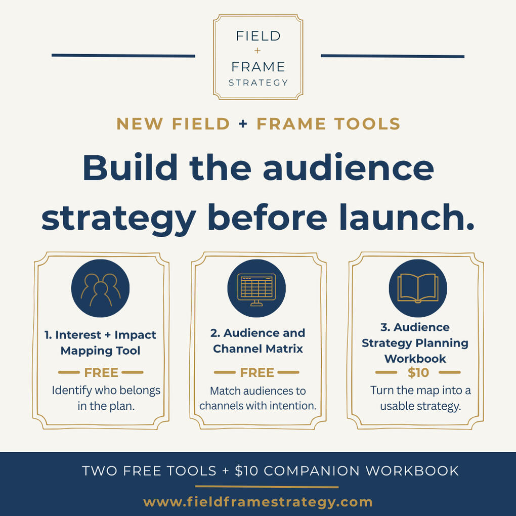Build the audience strategy before launch with Field + Frame's new tools. Use the Interest + Impact Mapping Tool and the Audience and Channel Matrix for free and add the Audience Strategy Planning Workbook for $10.