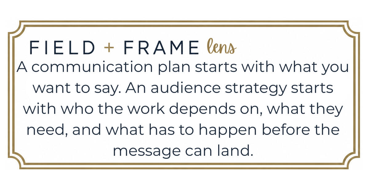 Field + Frame lens A communication plan starts with what you want to say. An audience strategy starts with who the work depends on, what they need, and what has to happen before the message can land.